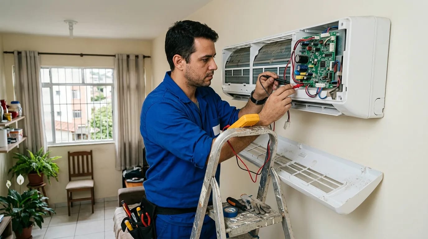 Eletricista ligando a placa do ar-condicionado split em Cabo Frio‑RJ